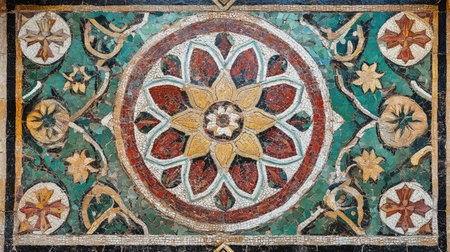 A close-up of a colorful mosaic tile pattern, with intricate designs and textures.の素材
