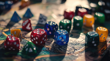 A close-up of colorful dice spread out on a game board, ready for play.の素材