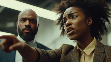 Close-up of a boss and employee in a workplace dispute, with one person pointing and the other reacting emotionallyの素材