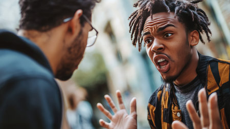 Close-up of two friends arguing, with one person furrowing their brow and the other throwing their hands up in frustrationの素材