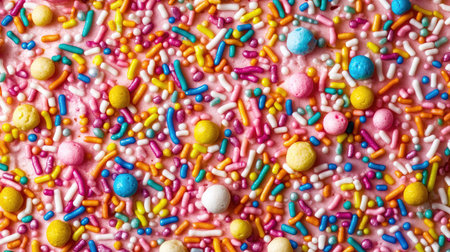 A close-up of colorful sprinkles scattered on a frosted cupcake.の素材