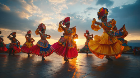 A group of dancers in colorful traditional costumes performing outdoors at sunset.の素材