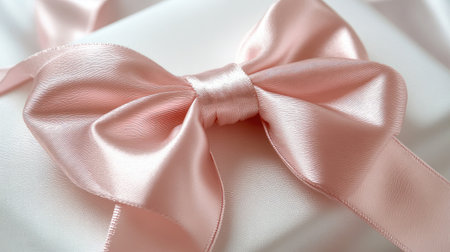 A delicate pink satin bow tied around a simple gift box, resting on a white surface.の素材