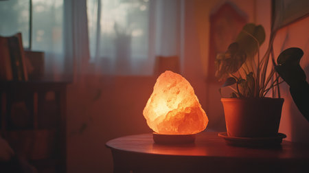 A close-up of a pink Himalayan salt lamp glowing warmly in a dimly lit room.の素材