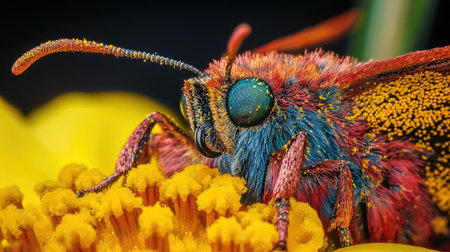 A close-up of a colorful butterfly resting on a bright yellow flower.の素材