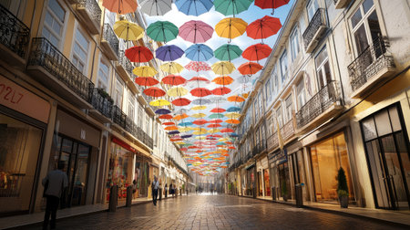 A collection of colorful umbrellas hanging above a pedestrian street, creating a canopy.の素材