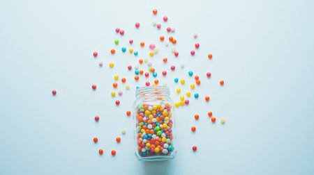 A flat lay of colorful candy spilling out of a glass jar onto a white surface.の素材