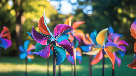 A collection of vibrant pinwheels spinning in the breeze at a sunny park.の素材