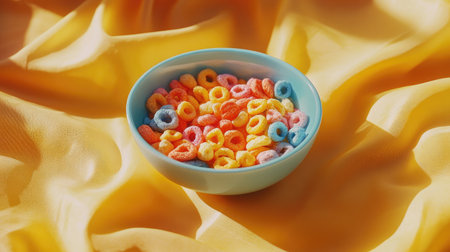A bowl of multicolored cereal with milk, placed on a bright yellow tablecloth.の素材
