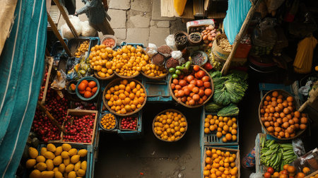 A lively market stall filled with colorful fruits and vegetables neatly arranged.の素材