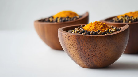 Rustic small wooden bowls filled with turmeric, cloves, and mustard seeds, beautifully displayed on a plain white surfaceの素材