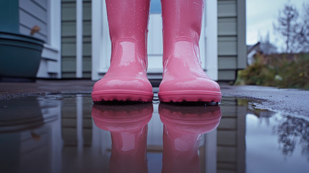 A pair of pink rain boots standing on a porch with puddles reflecting the sky.の素材