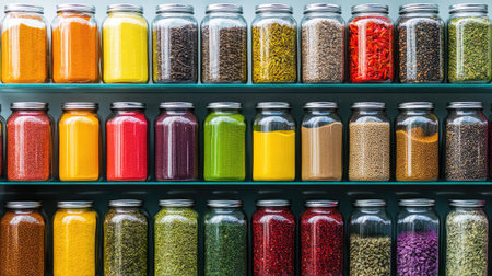 A market shelf displaying jars of colorful spices, neatly arranged in rows.の素材