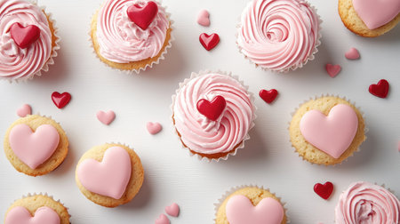 A flat lay of pink cupcakes and heart-shaped cookies on a white table for Valentineas Day.の素材
