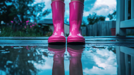 A pair of pink rain boots standing on a porch with puddles reflecting the sky.の素材