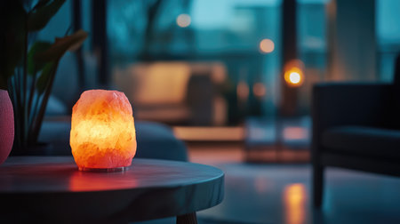 A close-up of a pink Himalayan salt lamp glowing warmly in a dimly lit room.の素材
