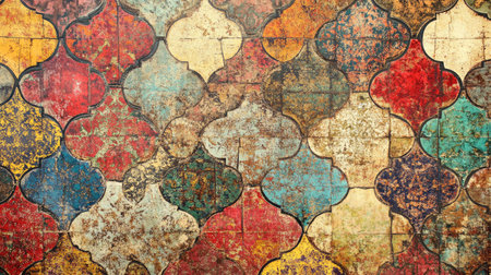 A close-up of a colorful mosaic tile pattern, with intricate designs and textures.の素材