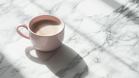 A minimalist pink coffee cup on a white marble table, with soft shadows adding depth to the image.の素材