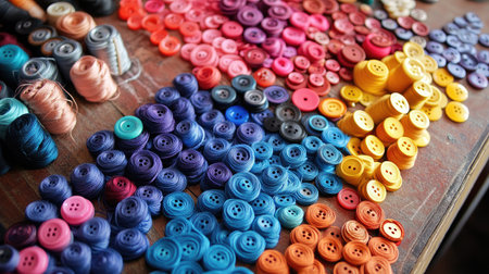 A flat lay of colorful buttons and sewing threads on a craft table.の素材