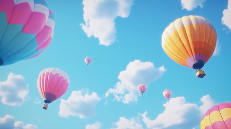 A group of colorful hot air balloons floating in a bright blue sky with scattered clouds.の素材
