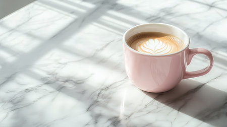 A minimalist pink coffee cup on a white marble table, with soft shadows adding depth to the image.の素材
