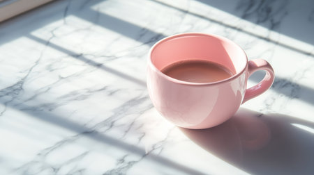 A minimalist pink coffee cup on a white marble table, with soft shadows adding depth to the image.の素材