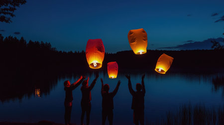 A group of people releasing colorful lanterns into the night sky over a calm lake.の素材