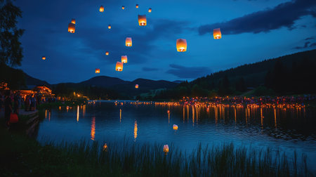 A group of people releasing colorful lanterns into the night sky over a calm lake.の素材