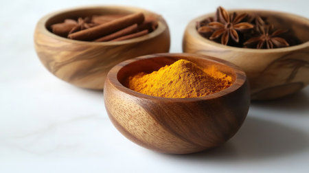 Small wooden bowls filled with cinnamon powder, saffron, and star anise, artistically displayed on a bright white surfaceの素材