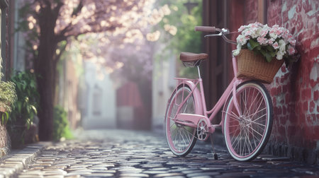 A pastel pink bicycle parked by a cobblestone street, with a small basket filled with fresh flowers.の素材