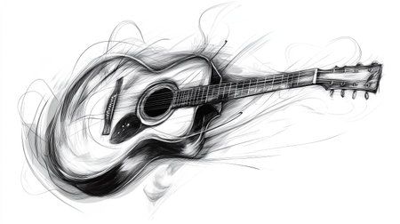 Abstract line art of a guitar, with flowing and expressive strokes, isolated on white.の素材
