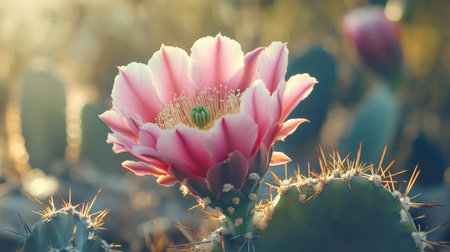 A pink cactus flower in bloom, surrounded by its green spines, in natural sunlight.の素材