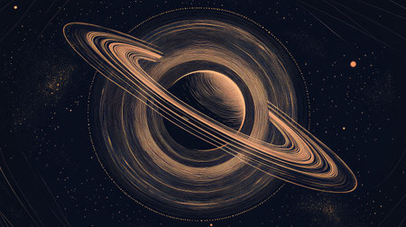 Abstract line art of a planet with orbiting rings, symbolizing space and exploration.の素材