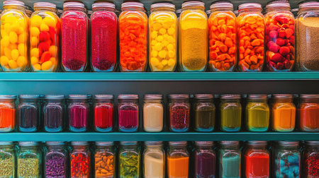 A market shelf displaying jars of colorful spices, neatly arranged in rows.の素材