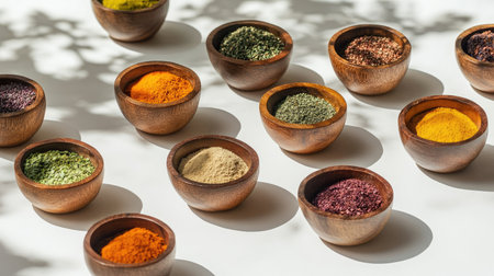A variety of colorful spices in small wooden bowls, with a clean white background and shadows adding depthの素材
