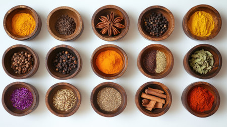 A vibrant mix of whole and ground spices in rustic wooden bowls, artistically arranged on a plain white surfaceの素材