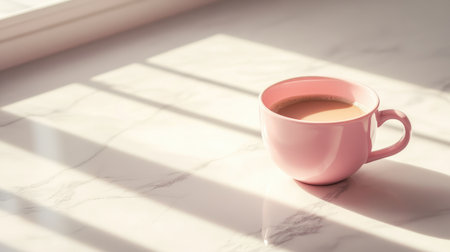 A minimalist pink coffee cup on a white marble table, with soft shadows adding depth to the image.の素材