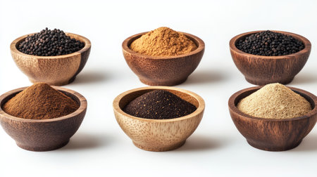 A collection of spice powders like ginger, cumin, and black pepper in wooden bowls, symmetrically displayed on whiteの素材