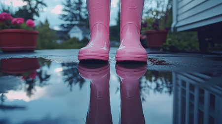 A pair of pink rain boots standing on a porch with puddles reflecting the sky.の素材