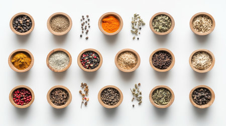 Assorted spices in small wooden bowls, neatly arranged on a plain white background, showcasing vibrant colors and texturesの素材