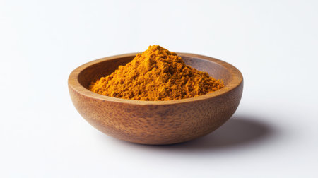 Aromatic turmeric powder in a small wooden bowl, its golden hue contrasting against a bright white background in a close-up viewの素材