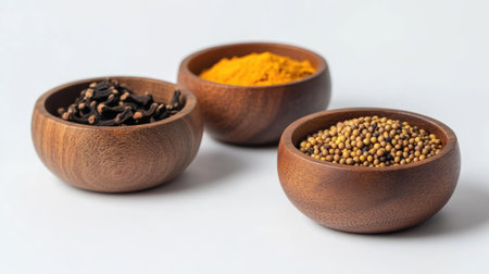 Rustic small wooden bowls filled with turmeric, cloves, and mustard seeds, beautifully displayed on a plain white surfaceの素材