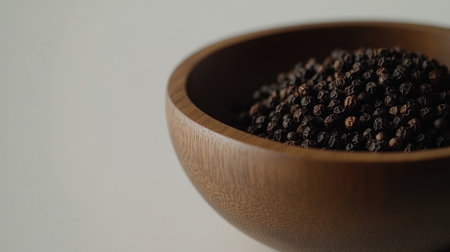 Close-up of black peppercorns in a small wooden bowl, their rich texture and natural tones highlighted on a white backgroundの素材