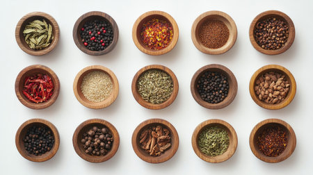 Assorted spices in small wooden bowls, neatly arranged on a plain white background, showcasing vibrant colors and texturesの素材