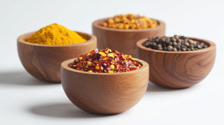 Small wooden bowls containing vibrant spices like red chili flakes, turmeric, and black pepper, isolated on a white backgroundの素材