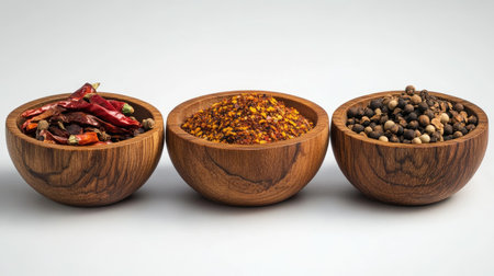 Vibrant spices like turmeric, red chili flakes, and cloves in rustic wooden bowls, symmetrically aligned on a white backgroundの素材