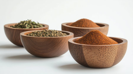 Artistic composition of wooden bowls filled with mixed spices, featuring cinnamon, oregano, and curry powder on whiteの素材