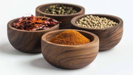 Rustic wooden bowls containing saffron threads, chili powder, and coriander seeds, elegantly placed on a white backdropの素材