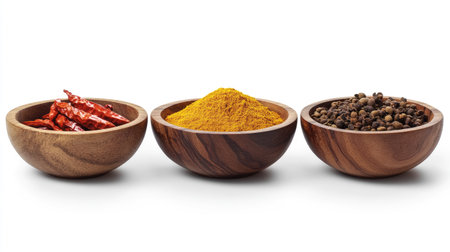 Vibrant spices like turmeric, red chili flakes, and cloves in rustic wooden bowls, symmetrically aligned on a white backgroundの素材