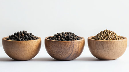 Symmetrical arrangement of spices in wooden bowls, featuring black pepper, oregano, and mustard seeds on a clean white surfaceの素材